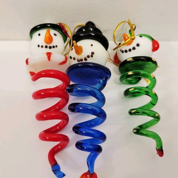 3 Blown Glass Spiral Dangling Snowman Face Top Holiday Christmas Ornaments - Picture 1 of 8
